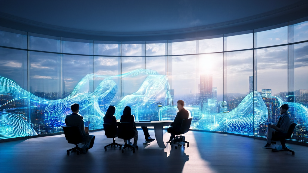 未来城市的办公室中，团队正在讨论AI增强型CRM系统