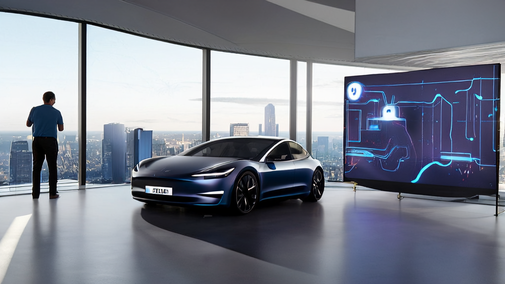 A modern office showcasing an engineer using Tesla's AI voice assistant to optimize client data collection and email marketing strategies