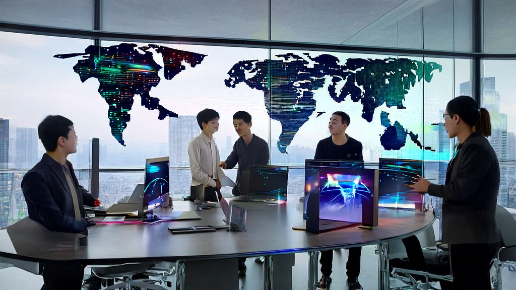 AI驱动的内容营销团队在现代化办公室中讨论合规与创新策略