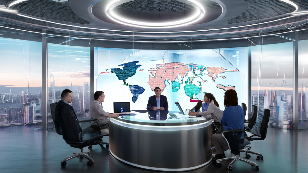 未来感办公室中团队使用AI助手Claude进行跨境电商内容营销