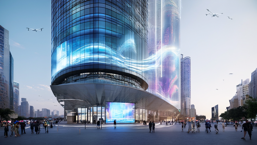 A futuristic urban scene showcasing AI-driven content marketing with smart screens, virtual assistants, and personalized ads