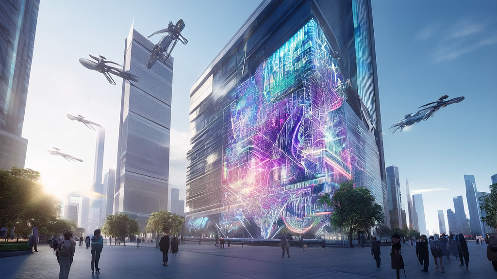 未来城市中展示AI驱动内容营销的场景