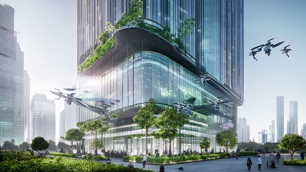 未来城市的高科技办公楼与智能机器人，展示AI驱动的内容营销新时代