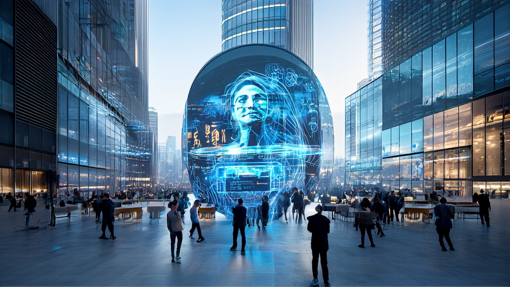 In a futuristic city, AI-driven personalized content marketing provides customized experiences for users, attracting crowd interaction.