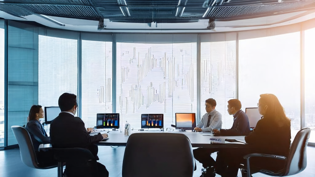 Executives discussing AI-driven content marketing strategies in a meeting room with data analysis charts and customer feedback on the screen.