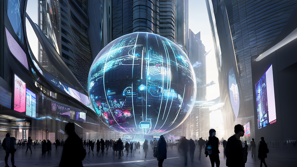 AI-driven content marketing attracts target customers in a futuristic city through personalized recommendations and precise ad targeting.