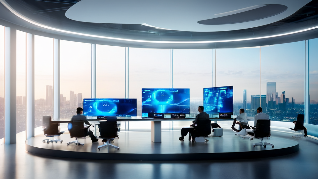 Sales representative using an AI-driven CRM system to generate client communication materials in a high-tech office