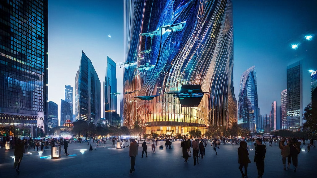 AI-driven cross-border commerce ads and drone delivery services in a futuristic city