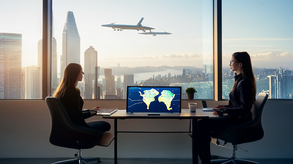 未来城市的现代化办公室中,年轻的创业者使用AI技术进行跨境电商数据分析,并通过谷歌AI助手“CC”自动处理邮件和日程安排。