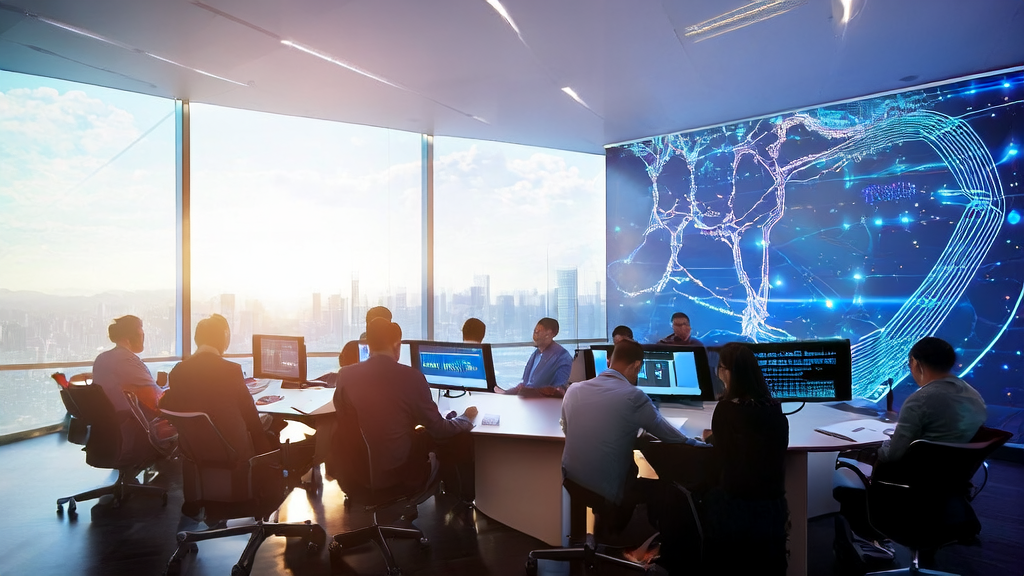 A modern office building bathed in sunlight, where a team is discussing how to optimize cross-border e-commerce email marketing strategies using AI