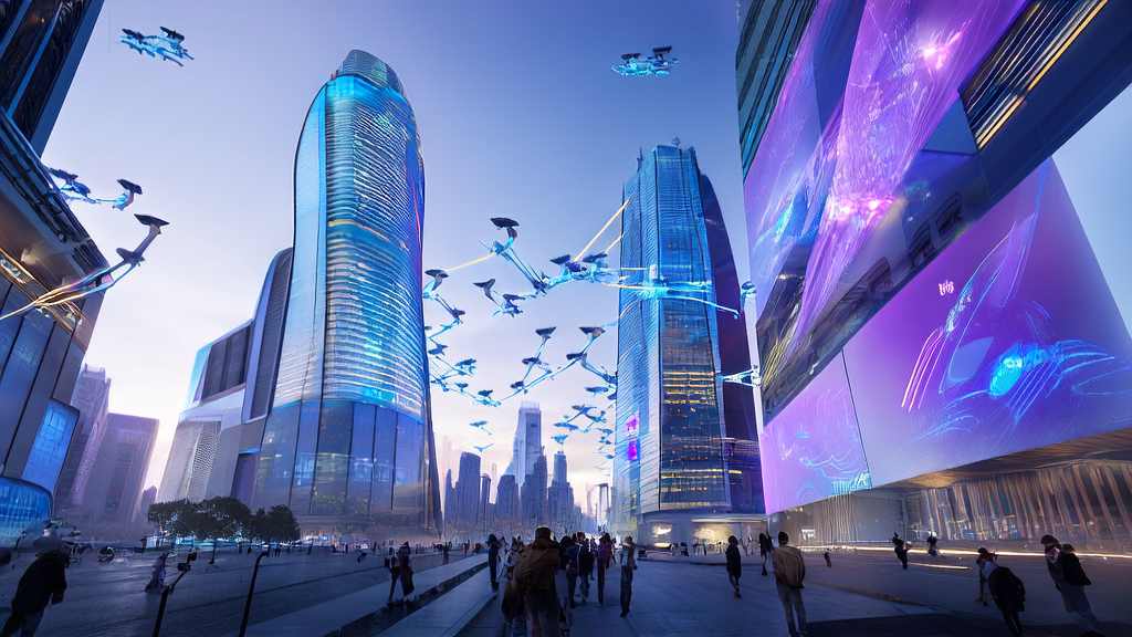 A futuristic city street scene showcasing AI-driven cross-border commerce marketing and personalized email推送推送推送推送（这里应该是推送，请确认是否需要调整）marketing