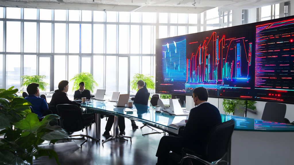 A modern office bathed in sunlight, where a team discusses AI-driven customer acquisition strategies for cross-border e-commerce websites