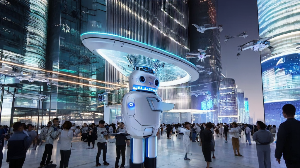 In the central square of a futuristic city, WAEI's embodied intelligent robot is showcasing its application in cross-border e-commerce advertising, with onlookers interacting via tablets.