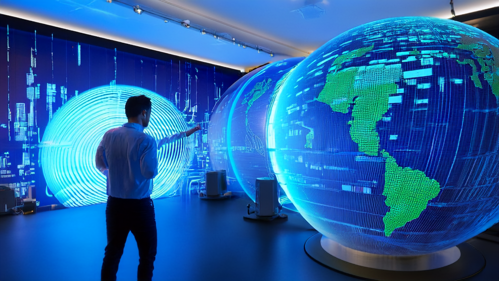 A futuristic office scene showcasing how AI technology is revolutionizing customer acquisition in cross-border e-commerce