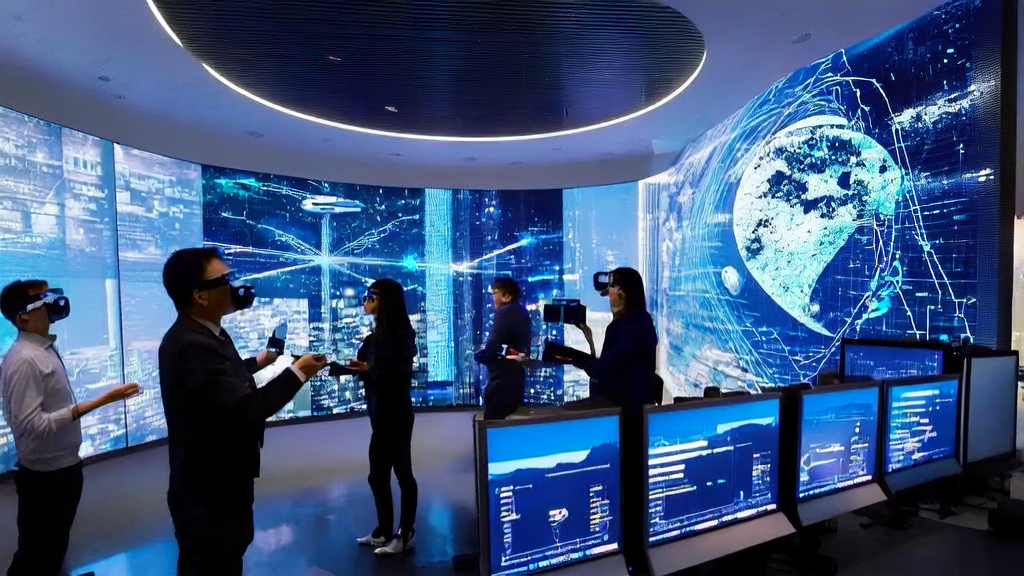 Professionals in a futuristic office using AI tools to analyze cross-border e-commerce strategies