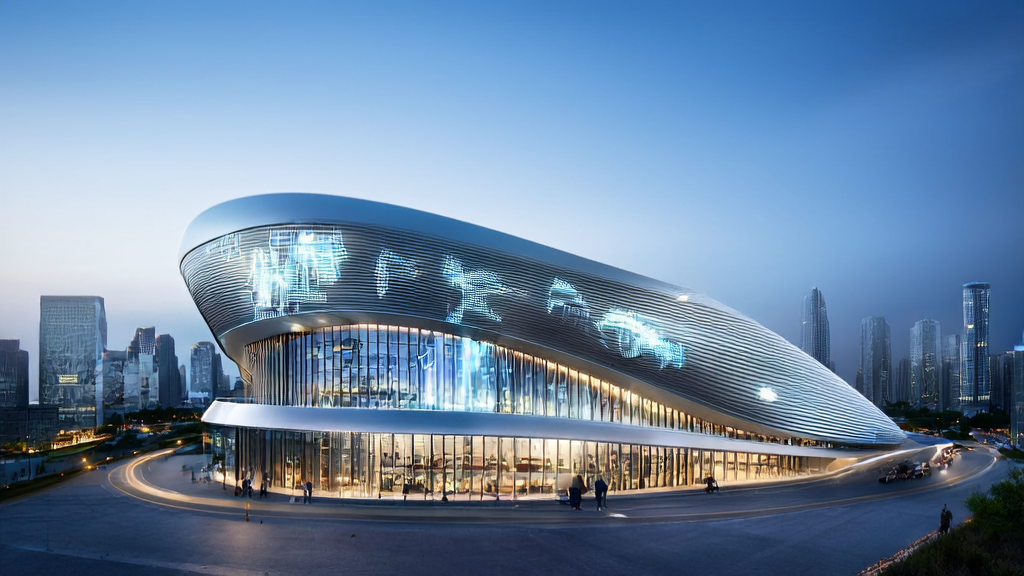 AI-driven cross-border e-commerce office scene in a futuristic city, showcasing modern technology and efficient work environment