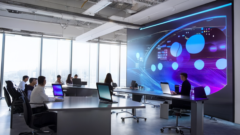 A futuristic office scene showcasing AI-driven breakthroughs in cross-border e-commerce marketing