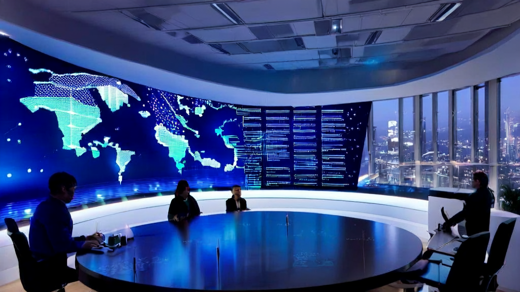 Tech professionals discussing AI-driven personalized email marketing strategies for cross-border e-commerce in a futuristic office