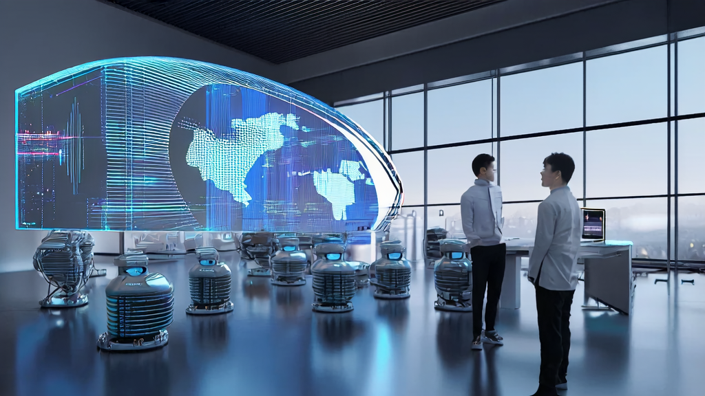 A futuristic office showcasing AI-driven cross-border e-commerce acquisition strategies