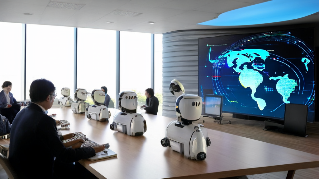 Modern office employees using AI-driven customer acquisition systems to optimize cross-border e-commerce marketing, with a background of a world map and a photo of Microsoft CEO.