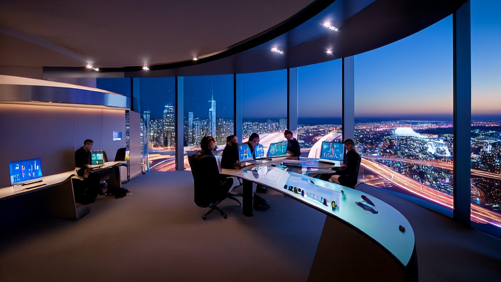 Illustration of AI-driven cross-border e-commerce marketing, featuring hyper-personalized email marketing and precise customer reach, set against a backdrop of a modern office and city night view.