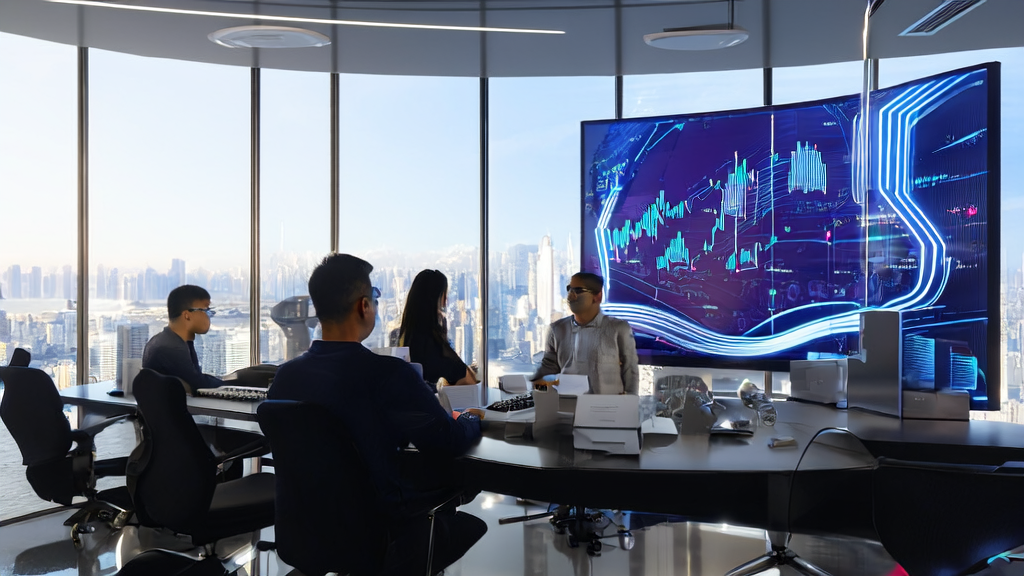 In a bright morning, employees in a cross-border e-commerce office are using AI systems for data analysis and customer service, with a poster of the Qualcomm Snapdragon 8 Elite Gen5 chip on the wall.