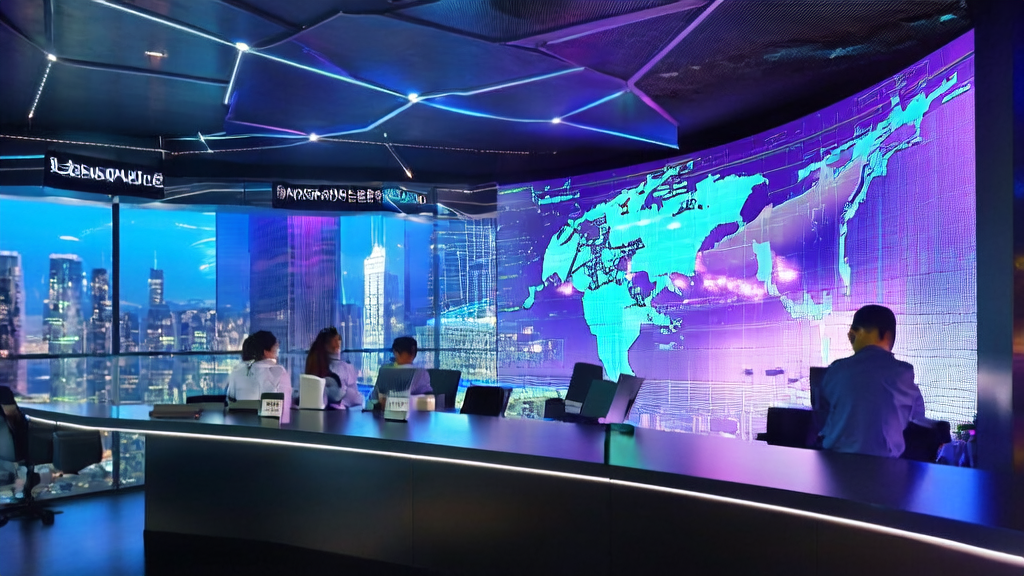 AI技术革新跨境电商邮件营销，工程师们在充满科技感的办公室中工作，背景为全球地图和实时数据流。