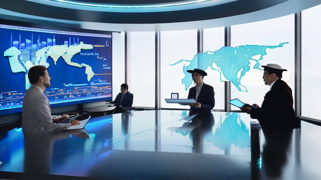 In a futuristic office, professionals are discussing AI-driven cross-border email marketing strategies with a world map and a felt panda in the background.
