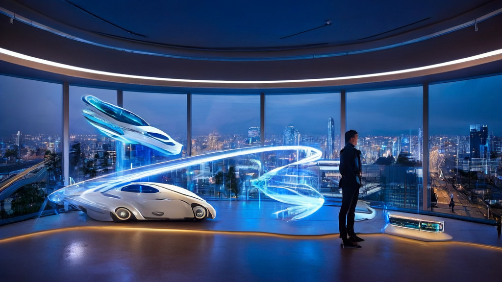 未来感办公室内，创业者观看AI生成的数字人视频，展示跨境电商产品