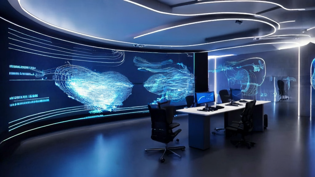 未来感办公室中团队使用AI优化邮件营销提升回复率