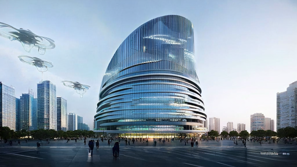 AI-driven customer acquisition strategies for cross-border commerce in 2025, featuring a smart building, personalized ads, and drone logistics