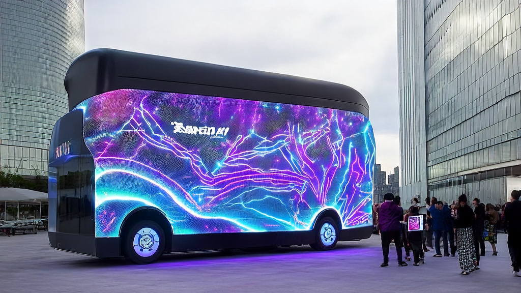 A futuristic city skyline with a modern office building in front of which a large Coca-Cola truck adorned with AI patterns is parked. People are experiencing the latest AI interactive ads, while cross-border e-commerce employees discuss AI technology applications.