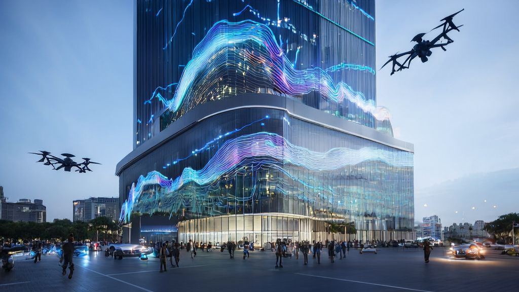 A futuristic cross-border commerce building showcasing AI-driven acquisition innovations