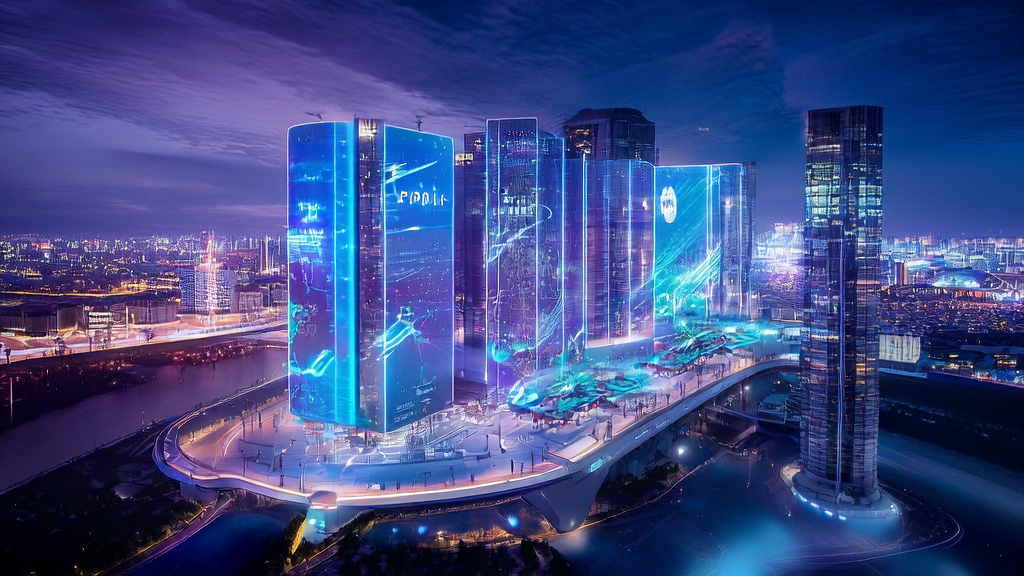 A futuristic cross-border commerce hub showcasing AI predictive models and Microsoft Edge Copilot assistant