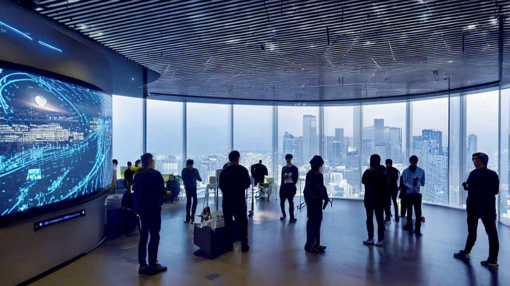 Office workers using AI email automation tools and Luma Ray3 Modify for efficient customer management and video editing in a futuristic setting