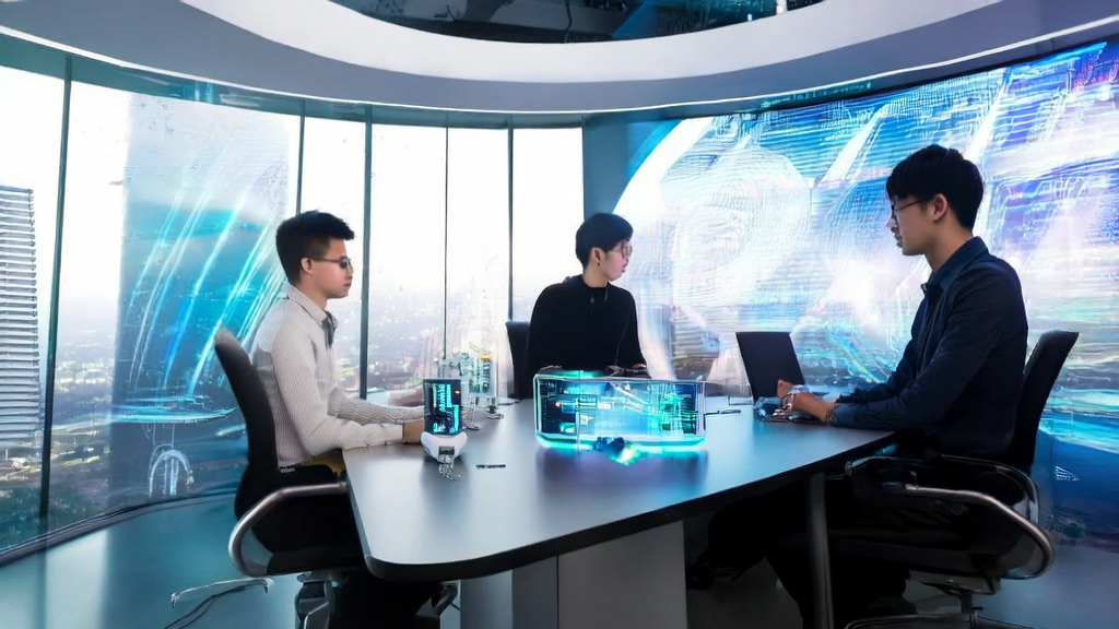 未来办公室内,年轻创业者使用AI技术进行精准获客,展示2025年跨境电商增长预测。