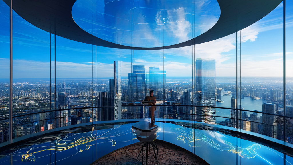 未来城市的高楼大厦中,跨境电商企业CEO利用AI技术实现精准获客与转化,引领外贸新潮流。