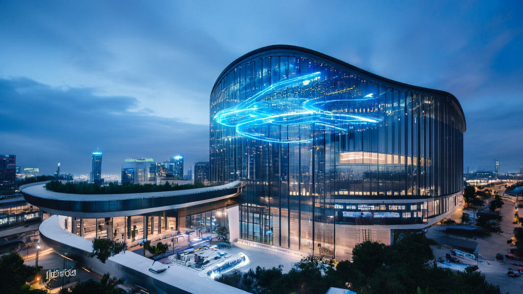 未来城市的高科技办公大楼内,跨境电商企业利用AI技术进行自动化营销,桌上散落着英伟达新手友好指南。