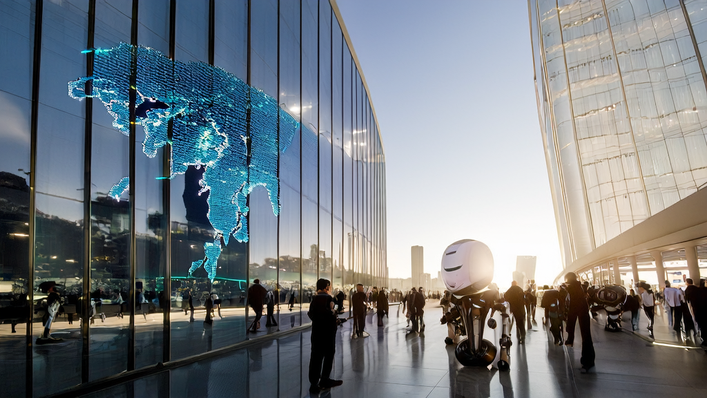 中东城市的高科技公司大厅内，人形机器人与客户互动，工程师调试工业机器人，背景是全球地图，展示AI技术在跨境电商中的应用前景。