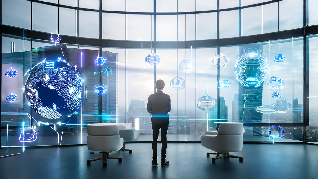 Young entrepreneur using AI technology for cross-border e-commerce customer acquisition in a futuristic city