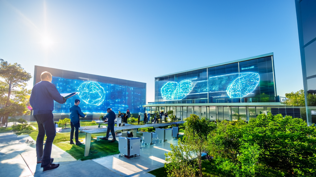 AI驱动的跨境电商获客革新：展示现代科技园区中工程师和跨境电商从业者的合作场景