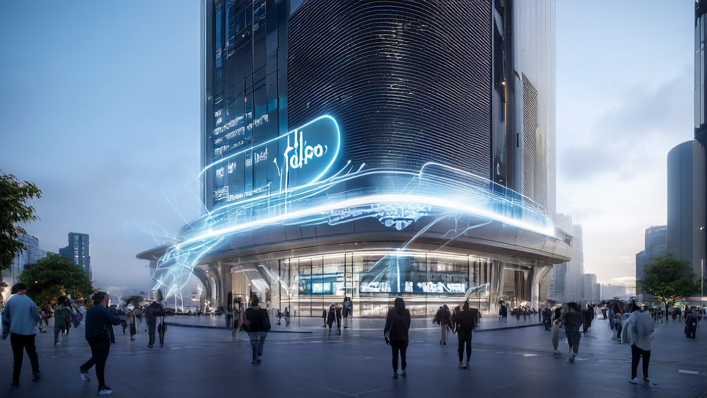 Modern independent station building in a futuristic city, showcasing AI technology and Google Gemini TTS 2.5's multilingual and emotion-level voice features