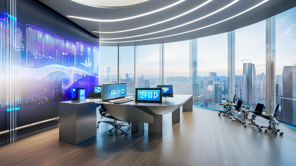 AI驱动的跨境电商自动化营销办公室场景，展示现代技术和数据分析的应用