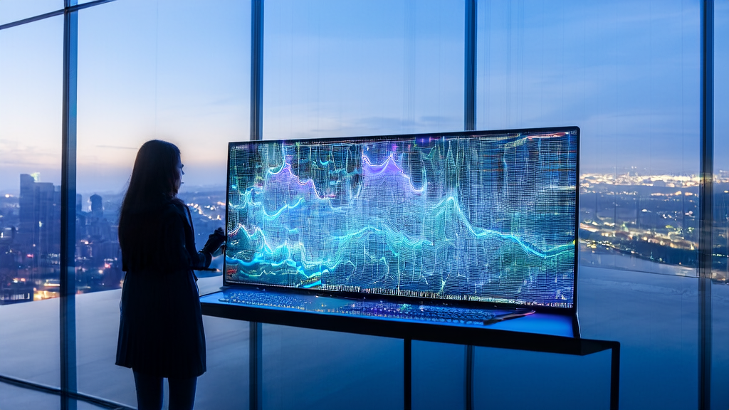 A young entrepreneur analyzing AI-driven keyword optimization strategies for a cross-border e-commerce site, with a bustling city and Microsoft logo in the background.