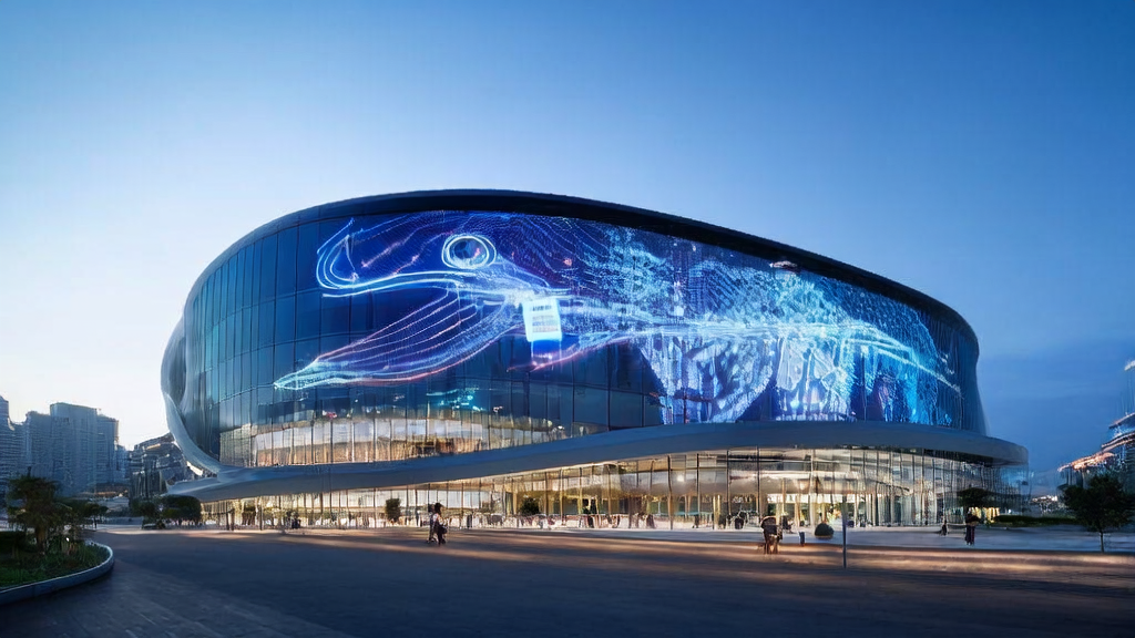 A modern cross-border commerce company building in a futuristic city, showcasing AI-optimized ad spending and Google AI Agent's self-evolution technology