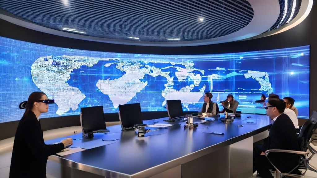 In a futuristic office, employees use AI tools to analyze global market dynamics and customer behavior, with sunlight streaming through large windows and a world map on the wall marking target markets.