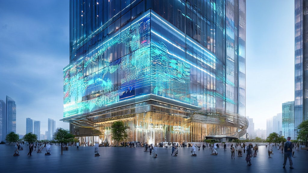 A futuristic city scene showcasing AI-driven cross-border customer acquisition, highlighting applications like automated marketing, intelligent CRM systems, and precise ad targeting.