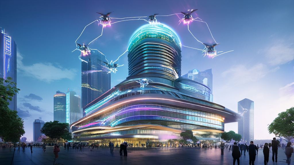 A futuristic city showcasing AI-driven cross-border customer acquisition strategies and technological collaboration