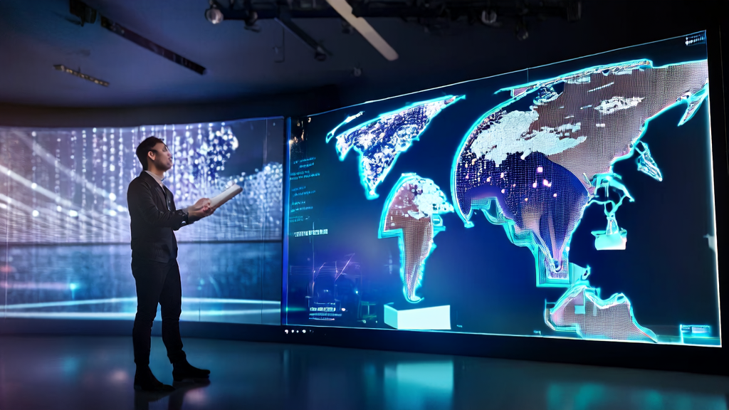 未来科技感十足的办公室中，年轻创业者利用GPT-5 Pro优化跨境电商邮件营销，提升客户互动与转化率。