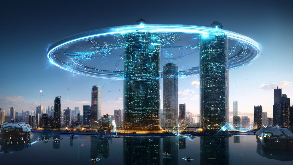 AI-driven cross-border e-commerce acquisition in 2025, showcasing smart logistics and data processing centers in a futuristic city.